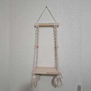 Handcrafted Macrame Wall Shelf - Natural Wood and Cream